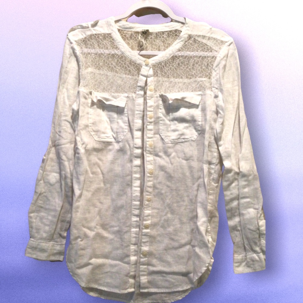 Free People Cool n Clean White Lace Top,100% Linen